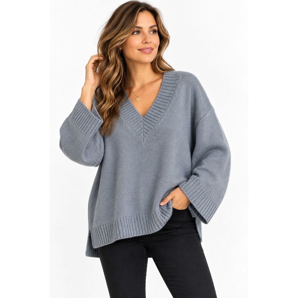 H&M Sweater Womens Small Blue Oversized V Neck Wide Sleeve Wool Blend Pullover